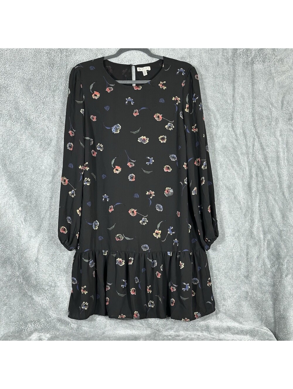 Lila Rose Black Dress Floral Design Ruffled Hem Long Sleeve Womens Sz 10
